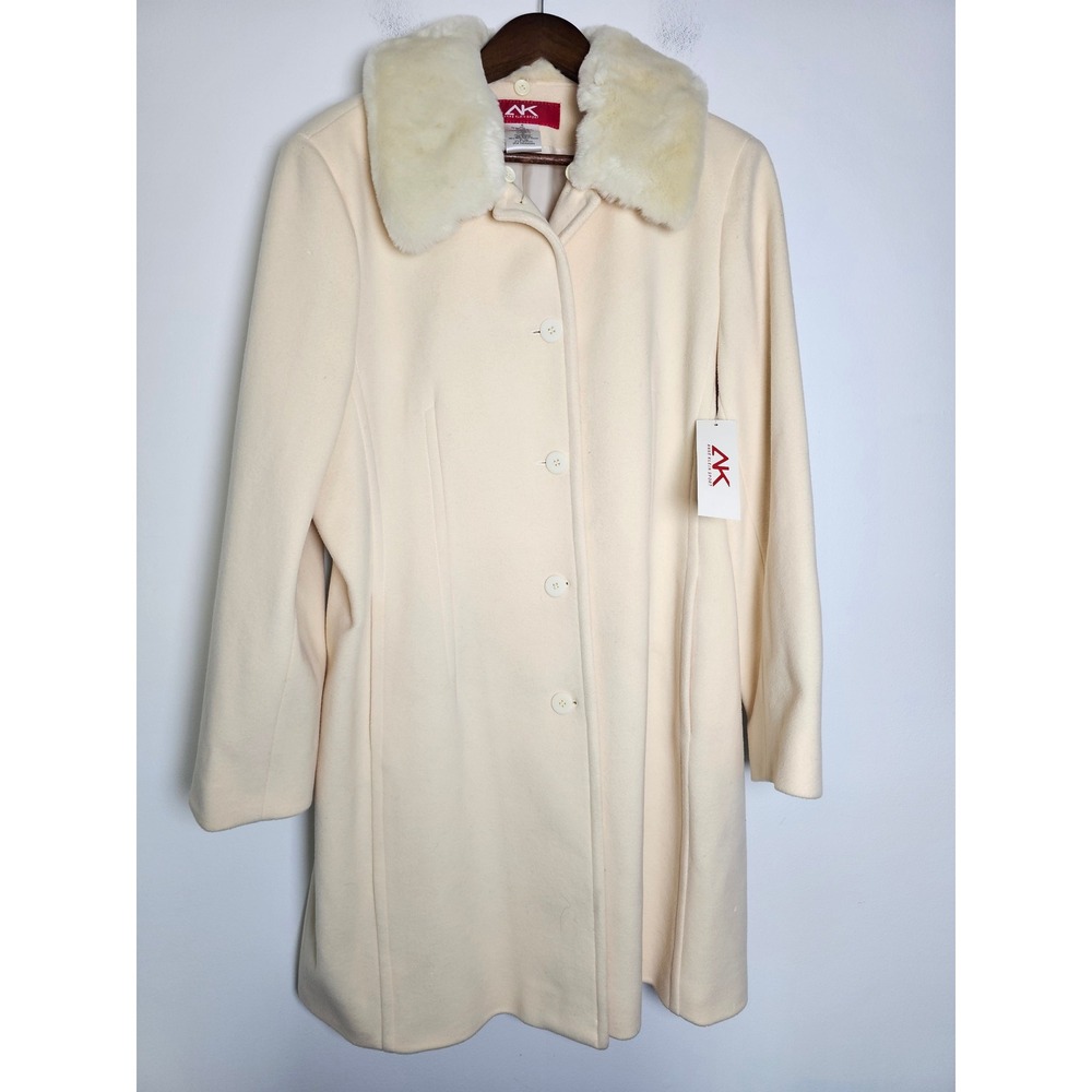 [Quiet Luxury] Anne Klein Sport Wool Cashmere Coat Womens XL Ivory Faux Fur Trim